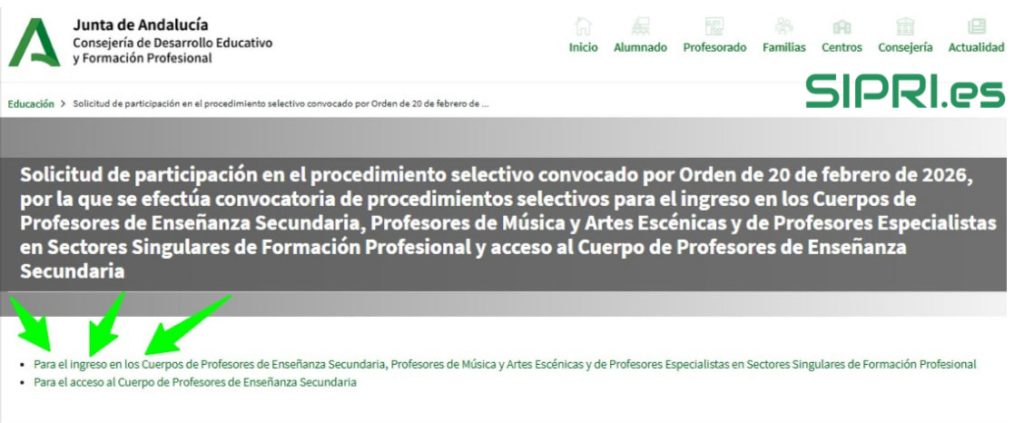 Pantalla donde hay que elegir ingreso o acceso en las oposiciones docentes de Andalucía