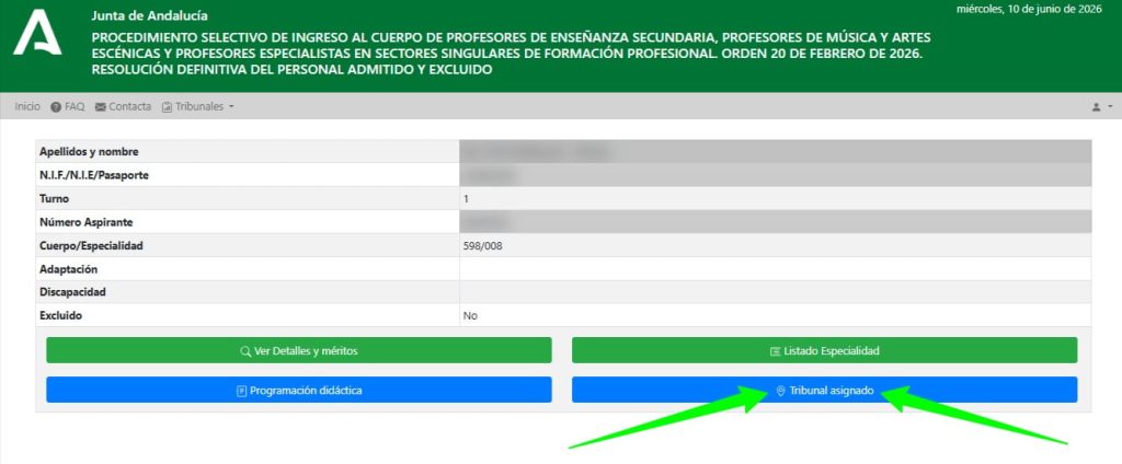 Tribunal asignado dentro del tablón del opositor Andalucía 2026