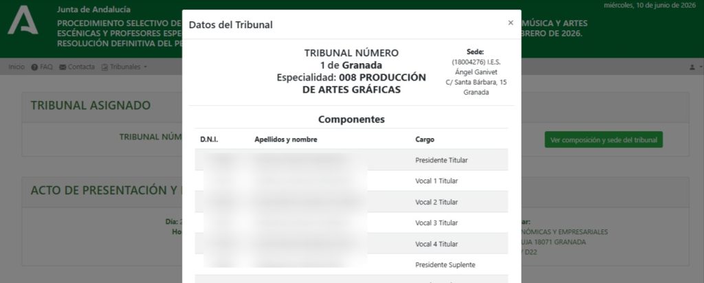 Consulta de la Composición y sede del tribunal asignado dentro del Tablón de la persona opositora